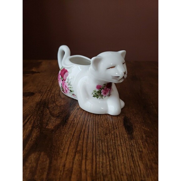 Golden Crown E & R Fine Bone China Cat Creamer White Floral Gold Trim - Picture 2 of 9